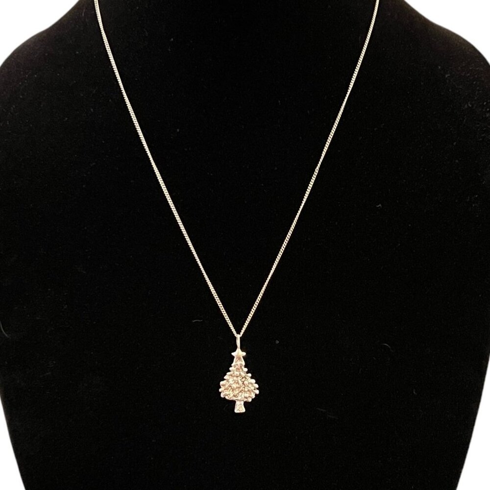 Vintage Sterling Silver Christmas Tree Pendant Necklace Holiday 925 Signed Charm - Picture 2 of 9